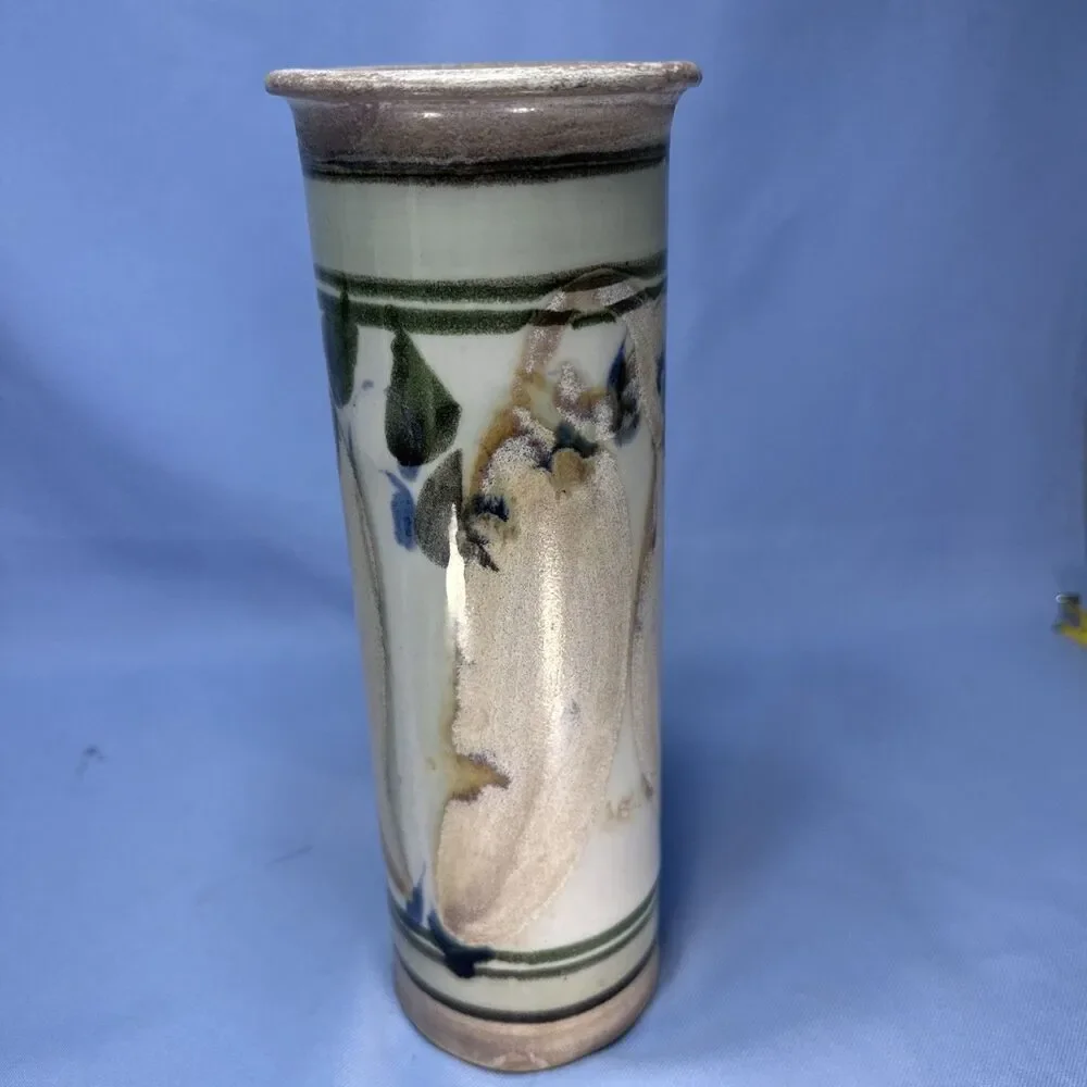 Vintage Studio Art Pottery Stoneware Tall Straight Vase 10.75”Signed Mathus 1981